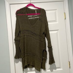 Free People Army Green Distressed Sweater
